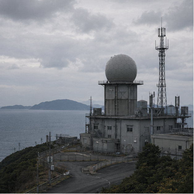 Coastal radar or air defense installation under gray sky