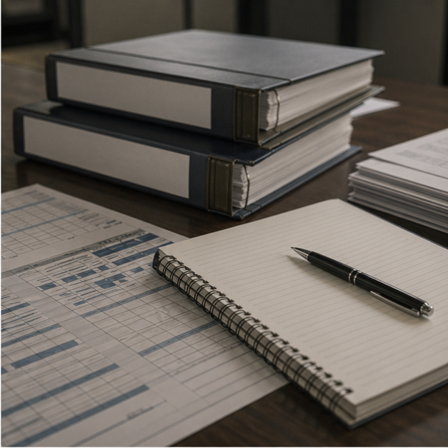Government budget review desk with blank binders and planning sheets