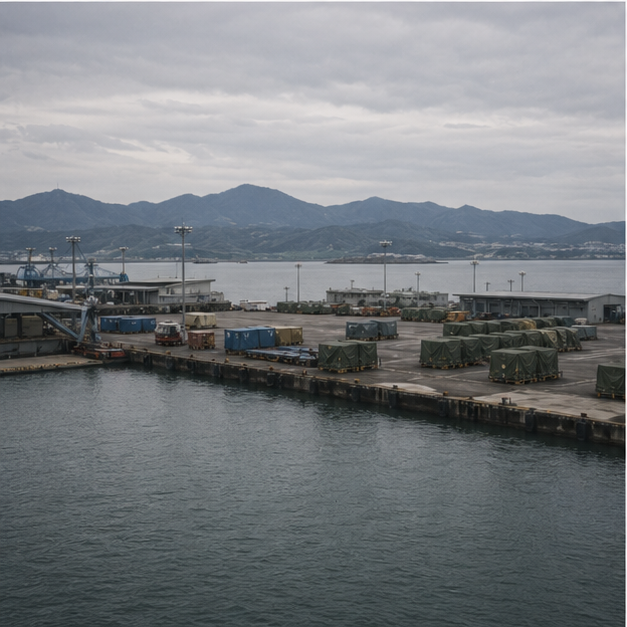 Military support port or logistics yard from a distance