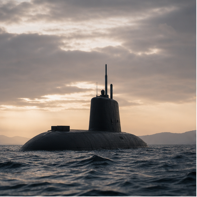 Submarine at sea, naval dock, maritime chart table, and sea lanes