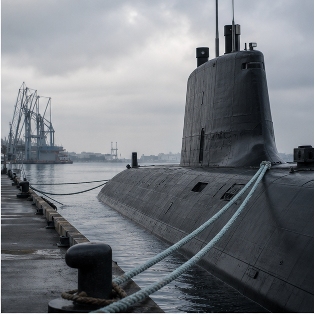 Submarine at sea, naval dock, maritime chart table, and sea lanes