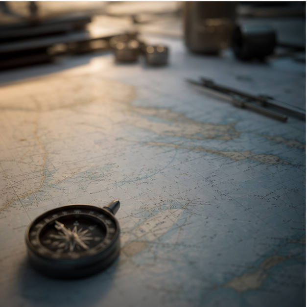 Submarine at sea, naval dock, maritime chart table, and sea lanes