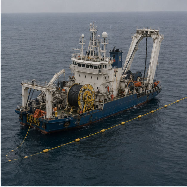 Repair vessel and marine equipment on gray sea