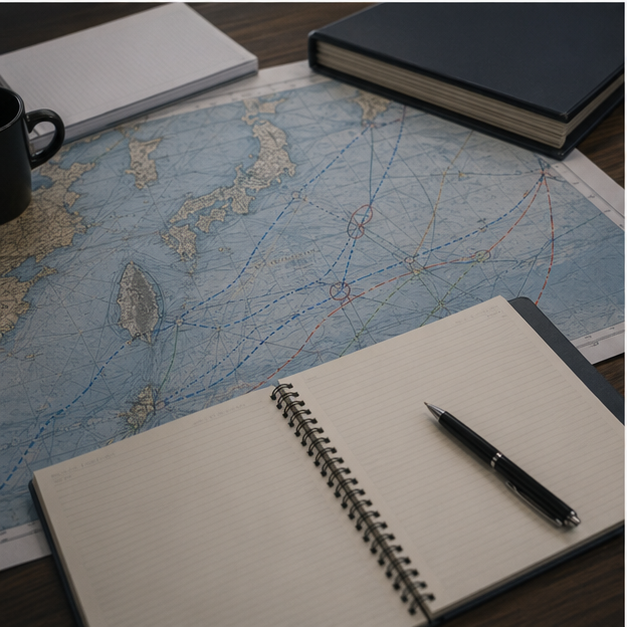 Desk with undersea cable route charts and blank notes