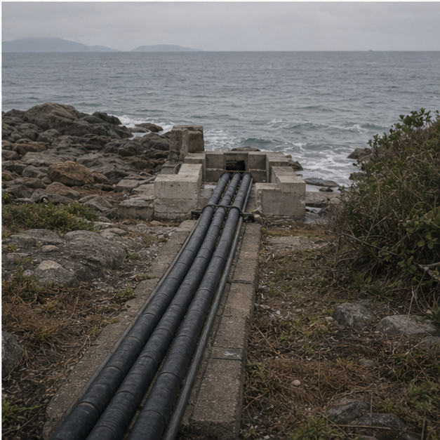 Landing beach or conduit infrastructure with ocean horizon
