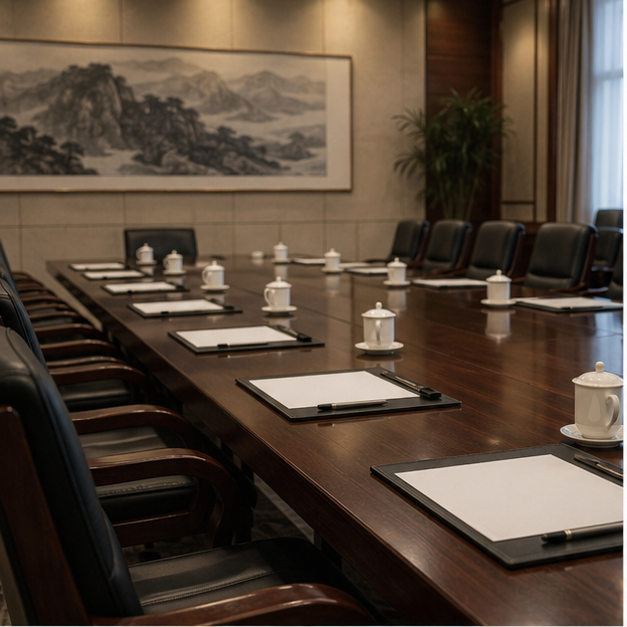 Neutral diplomatic meeting room with empty chairs and blank folders