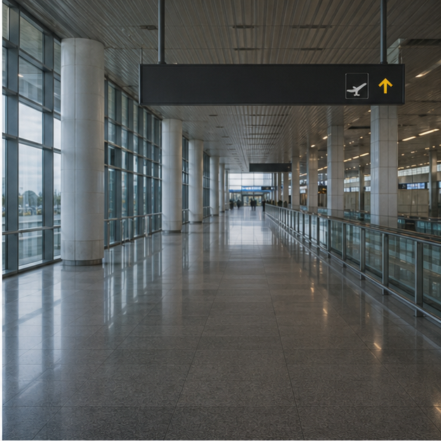 Airport or travel corridor scene without visible people