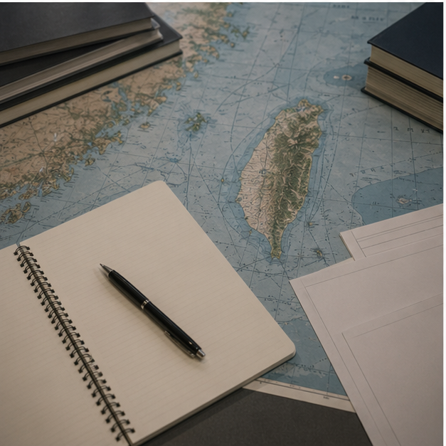 Policy desk with Taiwan Strait map and blank notes