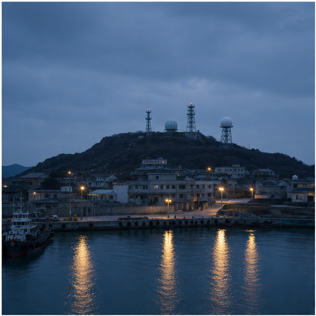 Coastal island harbor with radar masts