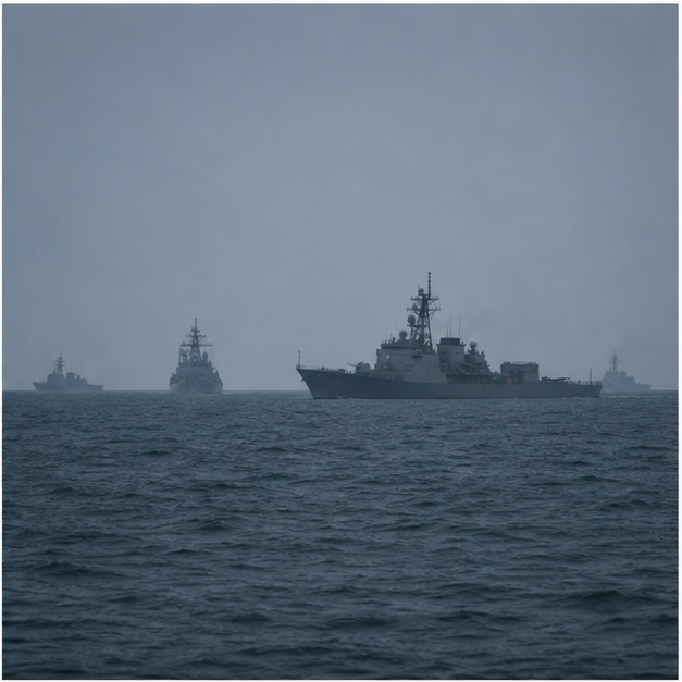 Distant gray naval vessels in hazy seas