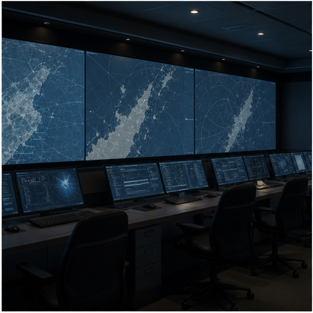 Maritime operations room with sea lane screens
