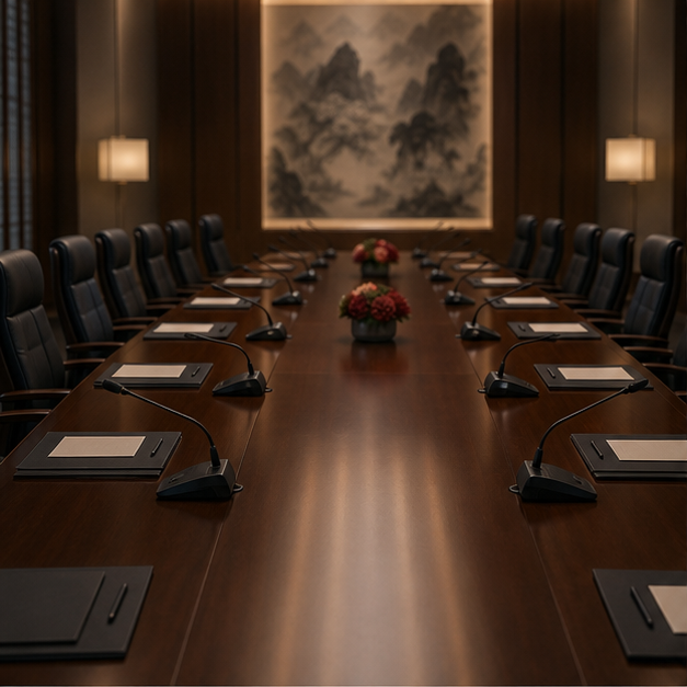 Empty diplomatic rooms and maritime maps illustrating Taiwan policy risk
