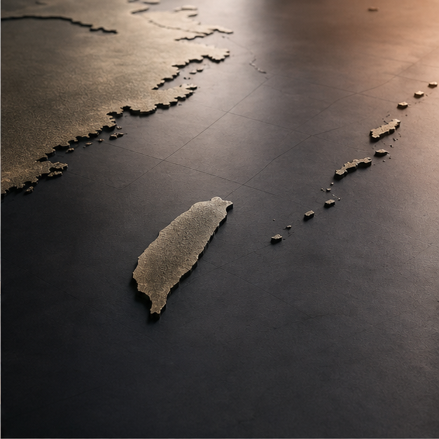 Empty diplomatic rooms and maritime maps illustrating Taiwan policy risk