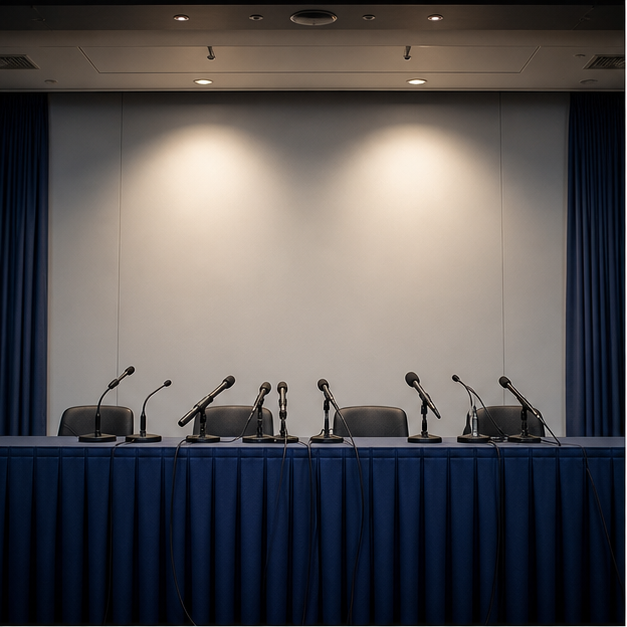 Empty press conference room prepared for questions.