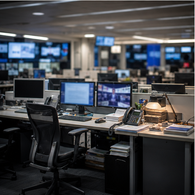 Overseas newsroom workspace with unreadable screens.