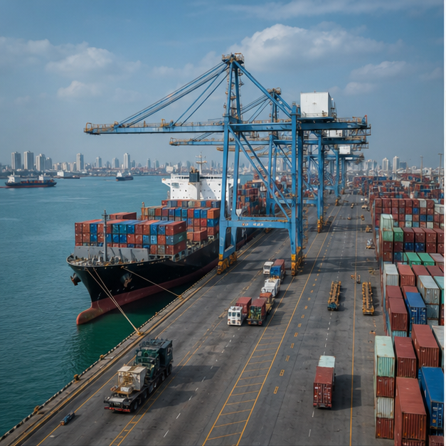 Vietnamese container port and logistics cranes.