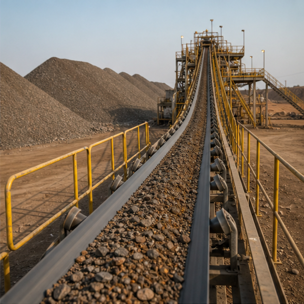 Critical minerals processing conveyor and ore storage.