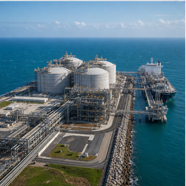Australian LNG export terminal beside the ocean.