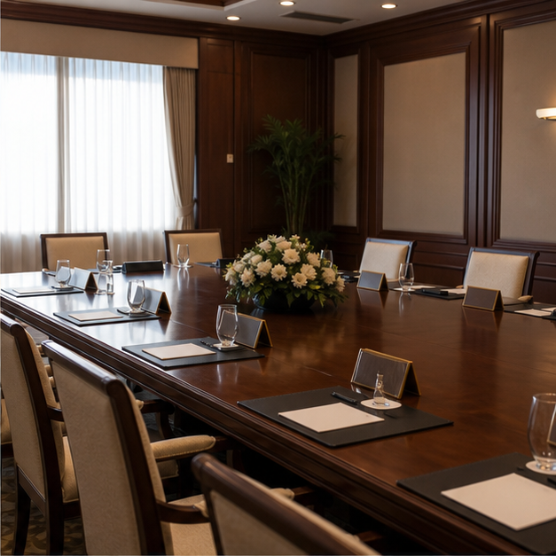Quiet diplomatic meeting room set for talks.