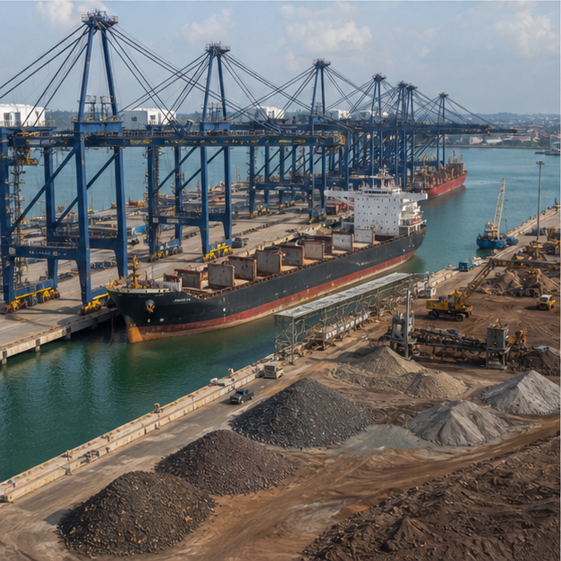 Southeast Asian port and mineral cargo facilities.