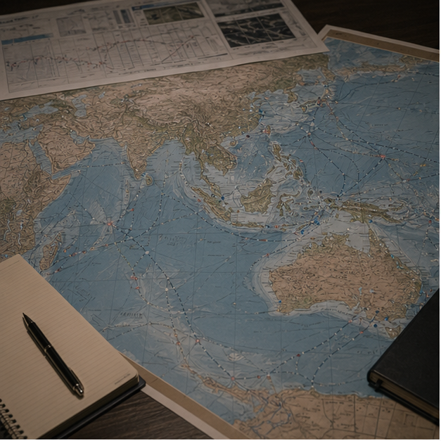 Large desk map with seas and ports but unreadable labels