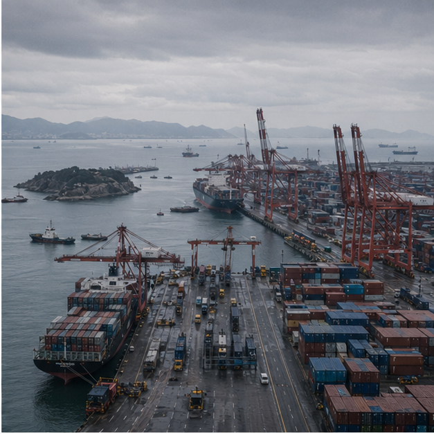 Container port or chokepoint harbor scene