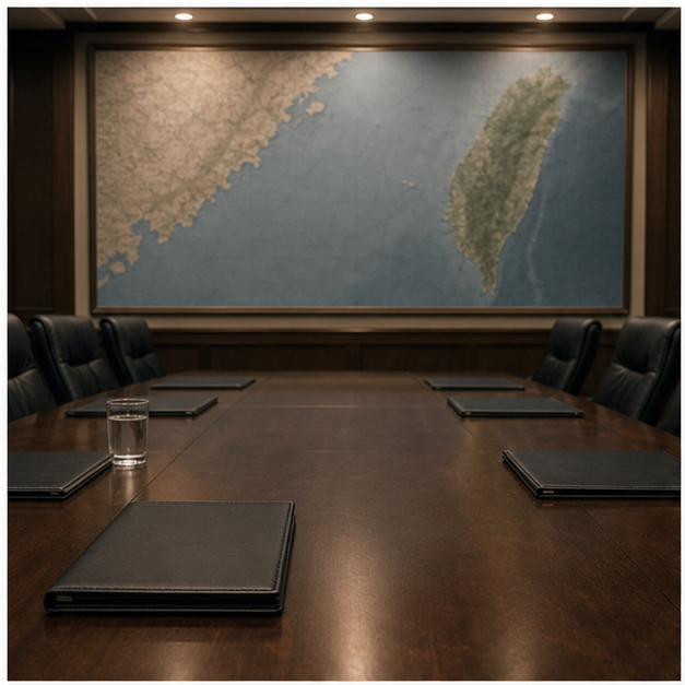 Empty Taiwan security briefing room and coastal surveillance scenes