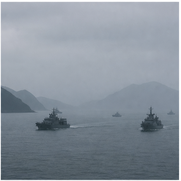 Empty Taiwan security briefing room and coastal surveillance scenes