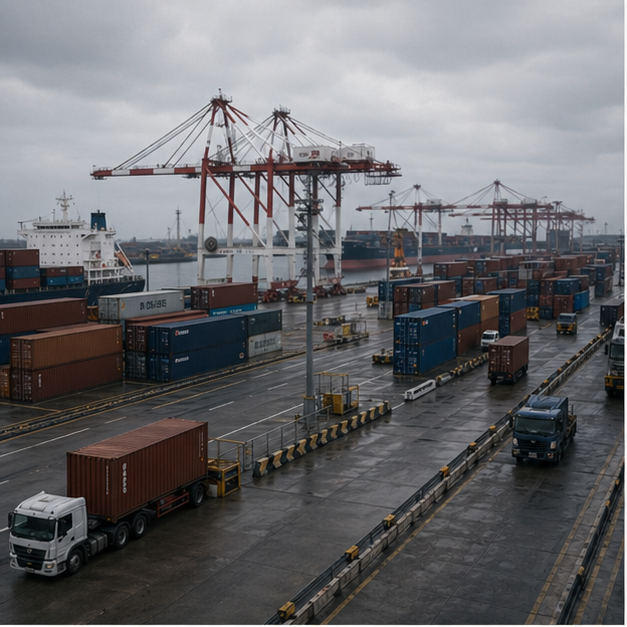 Container port and customs yard under gray sky