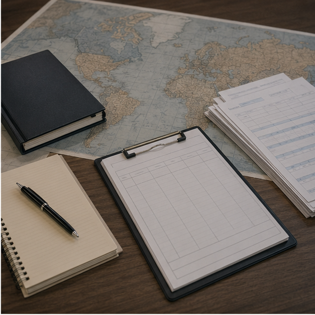 Tariff planning desk with blank forms and shipping documents