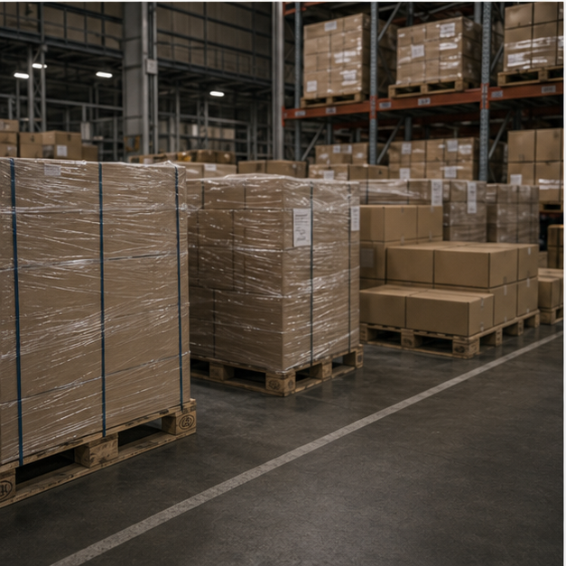 Warehouse inventory and pallets awaiting clearance