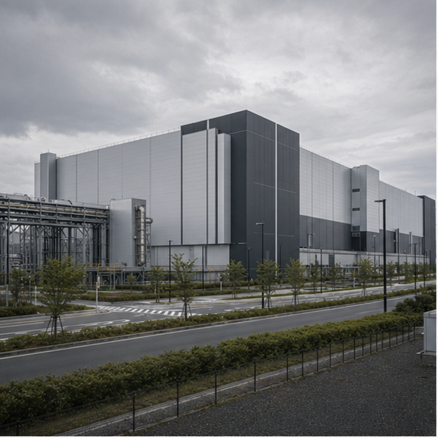 Advanced semiconductor fab exterior in Japan under cloudy sky