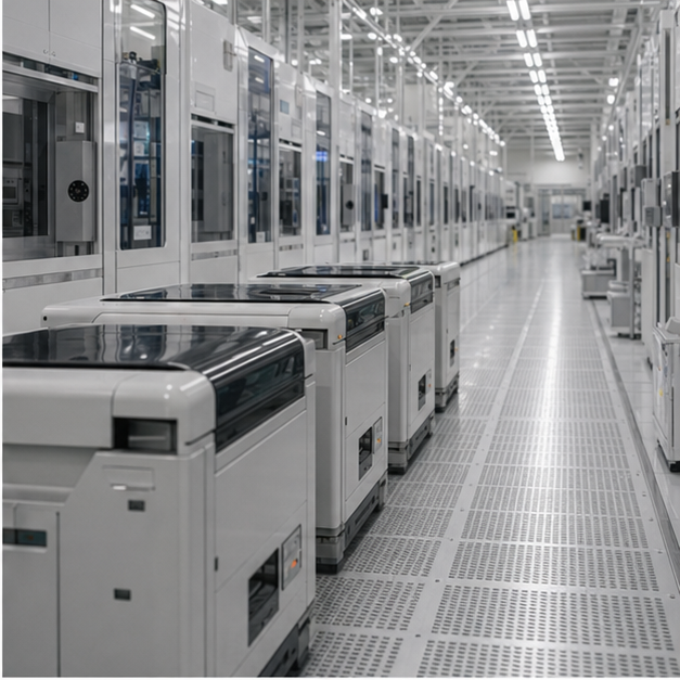 Cleanroom aisle with sealed wafer pods and no people