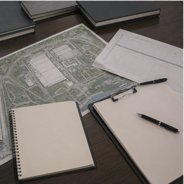 Desk with blank semiconductor strategy papers and facility map