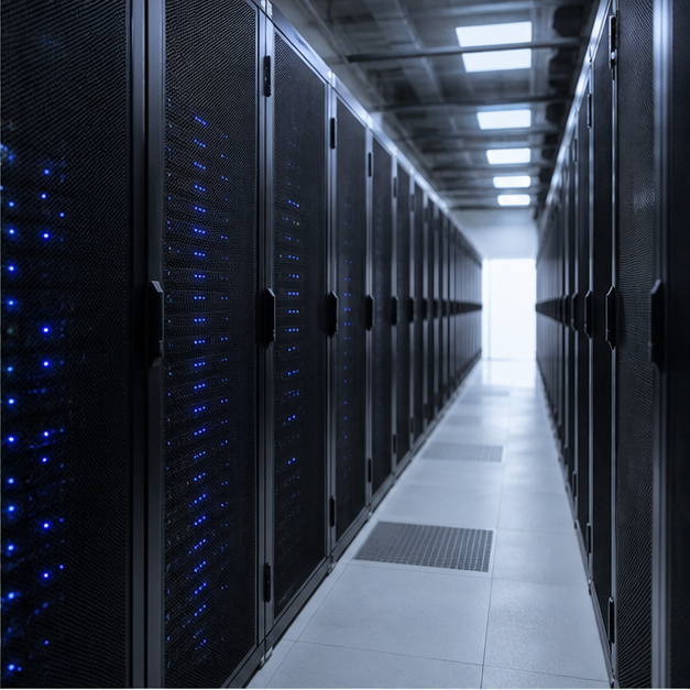Data center corridor with server racks