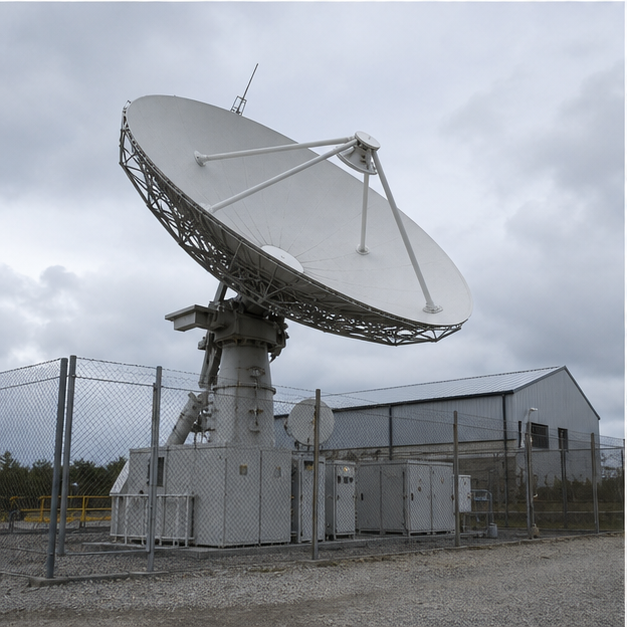 Satellite ground antenna at an industrial compound