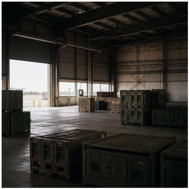 Empty military logistics hangar with unmarked crates