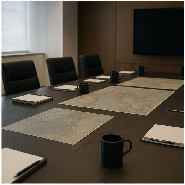 Alliance policy meeting room with blank notebooks