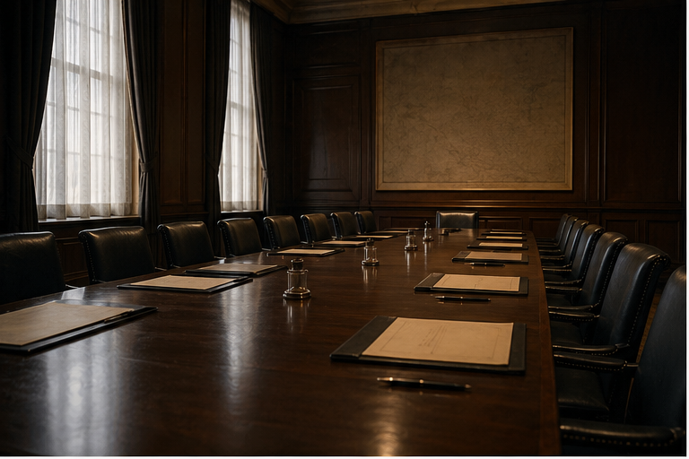 Archival diplomatic room with a long table and blank historical documents