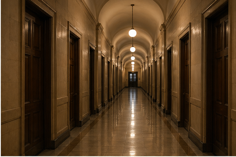 Old institutional corridor with warm lighting