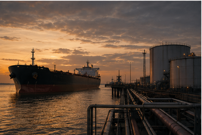 Oil infrastructure and tanker scene suggesting energy politics across decades