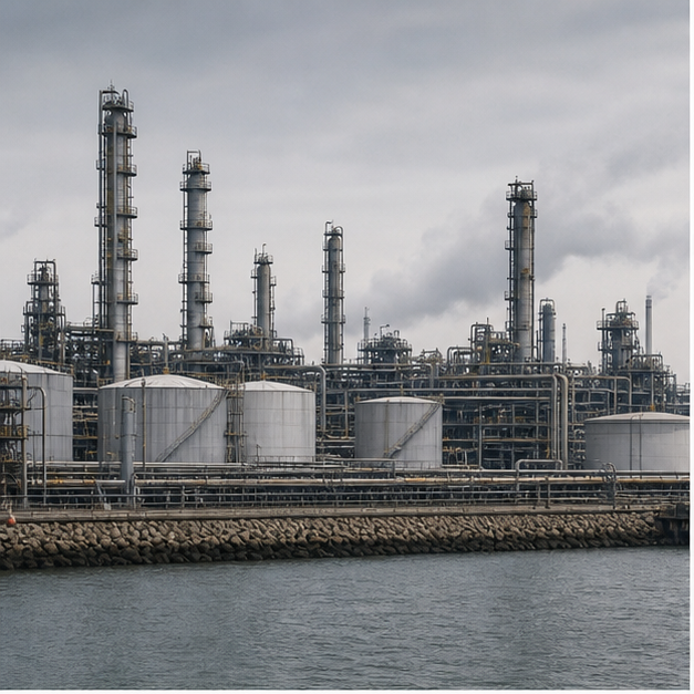 Coastal refinery pipes and storage tanks