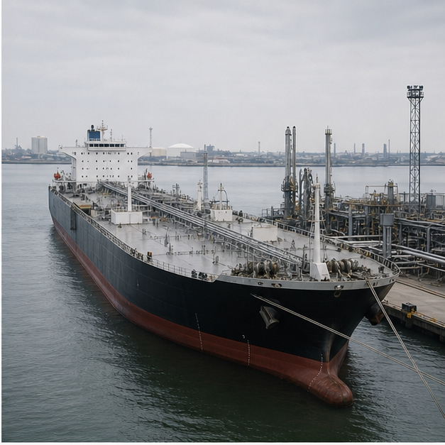 Oil tanker moored at a refinery terminal