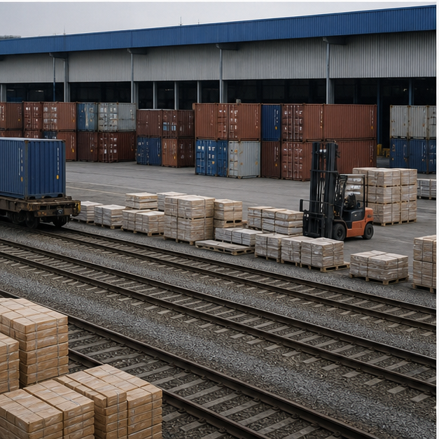 Industrial rail siding with containers and pallets