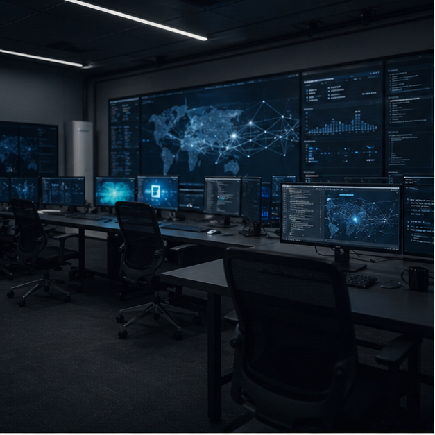 Quiet cyber defense operations room with empty desks and abstract monitor glow