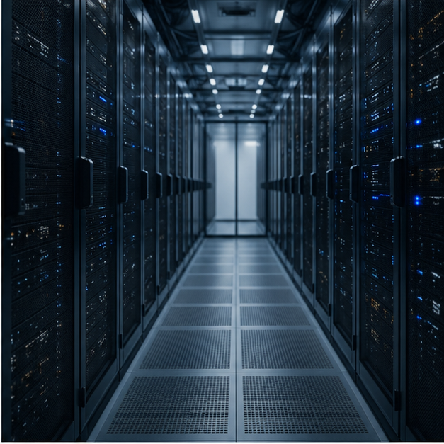 Data center corridor with server racks and blue white lighting