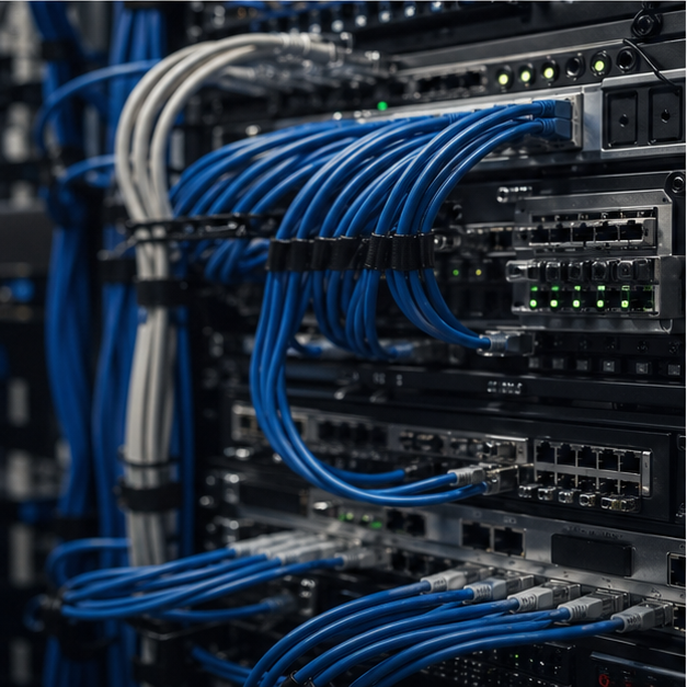 Close-up of network cables routers and secure rack hardware