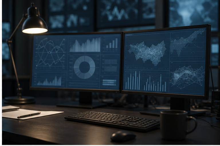 News analysis monitors with abstract charts and no readable text