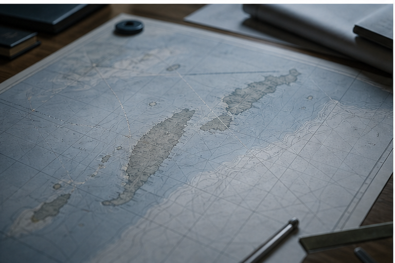 Neutral maritime chart table with island outlines and route lines