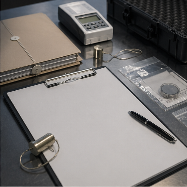 Inspection style desk with blank reports sealed folders and simple instruments
